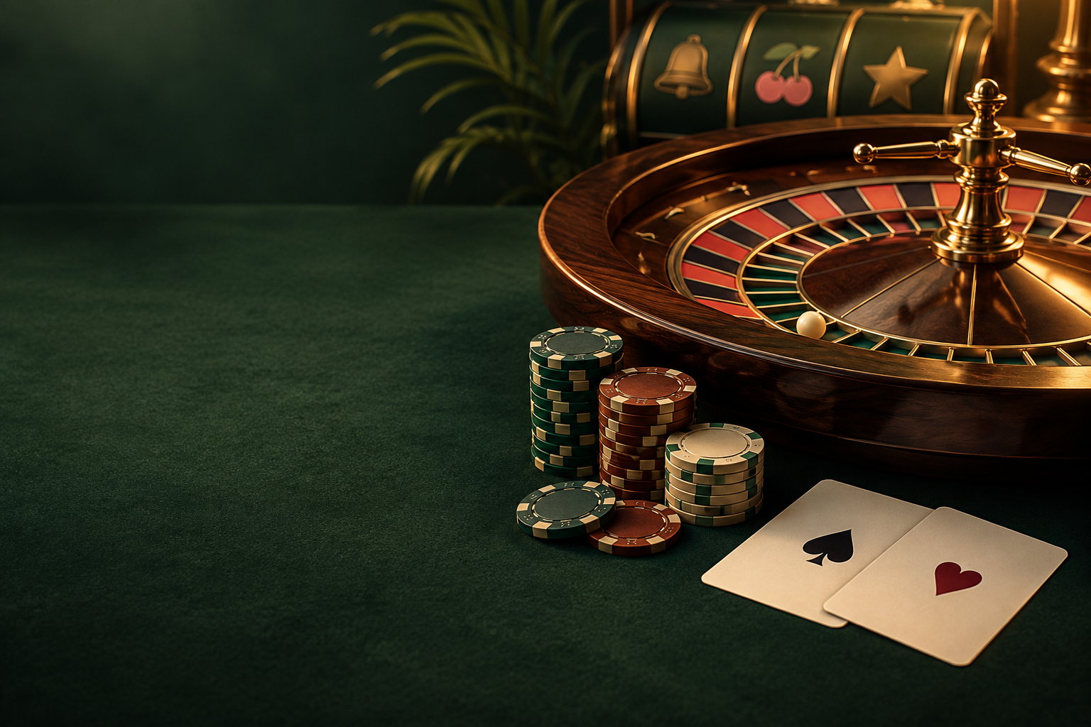 Ilustrasi meja roulette dengan kartu dan keping kasino.